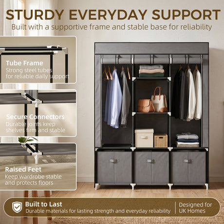 Fabric Wardrobe 125cm Wide With 3 Drawers - Velmora