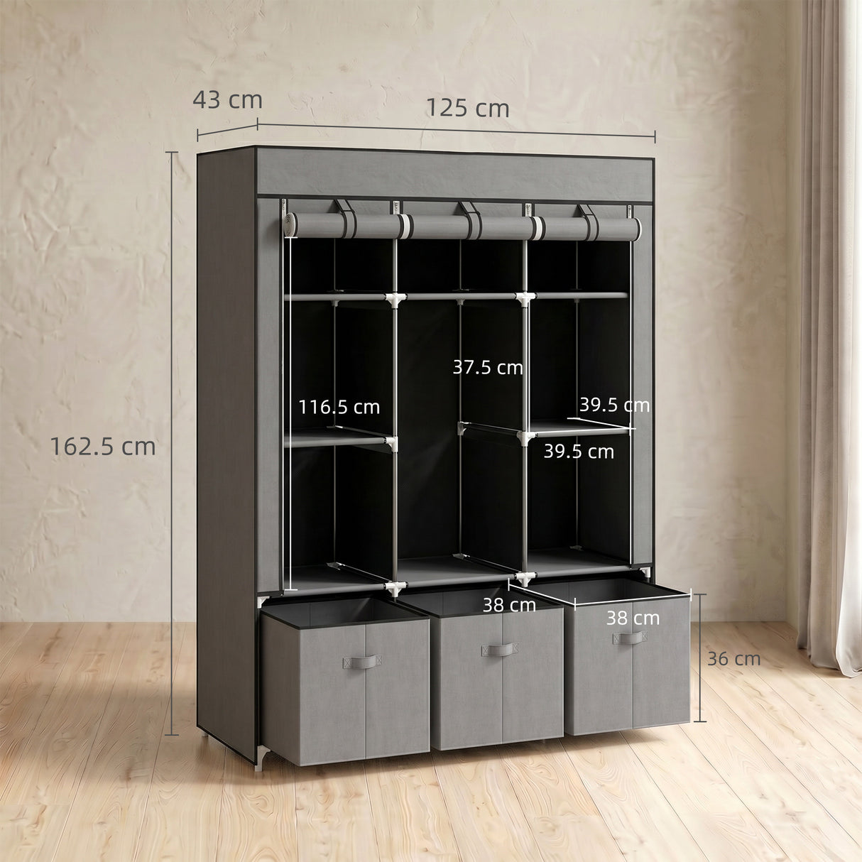 Fabric Wardrobe 125cm Wide With 3 Drawers - Velmora