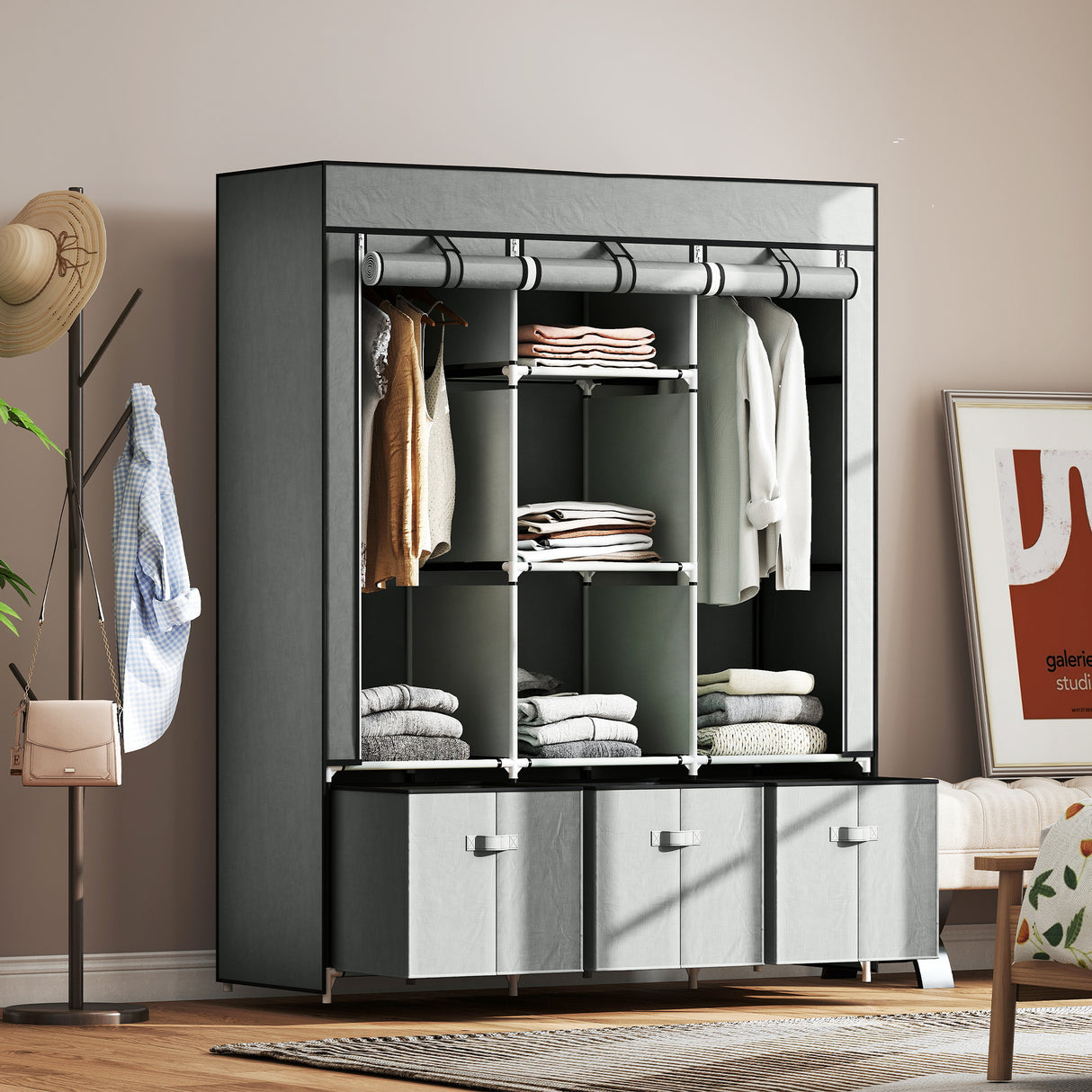 Fabric Wardrobe 125cm Wide With 3 Drawers - Velmora