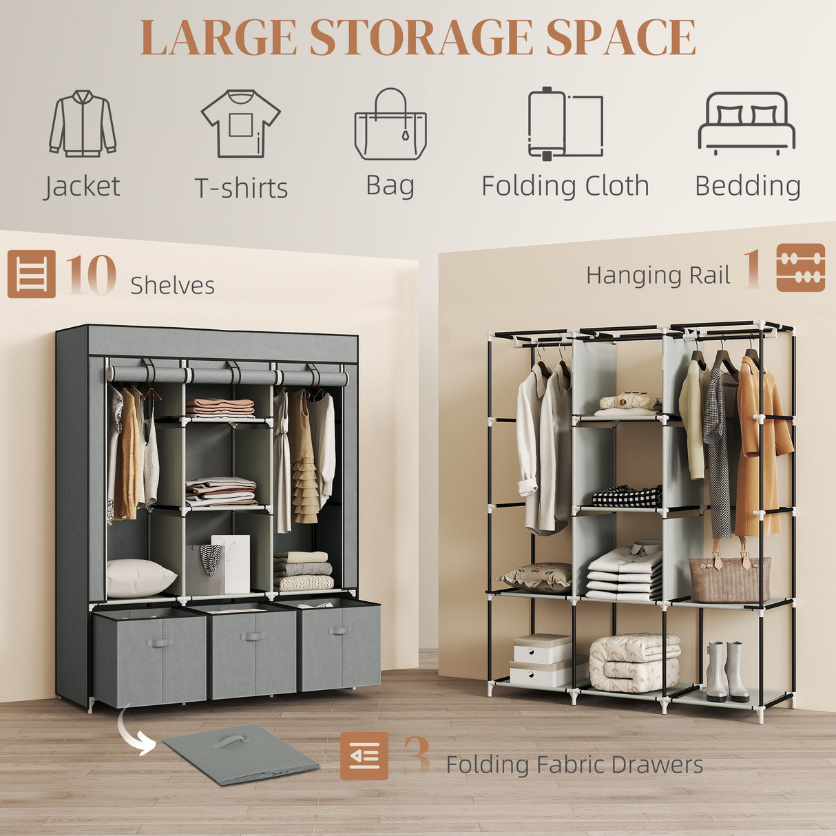 Fabric Wardrobe 125cm Wide With 3 Drawers - Velmora