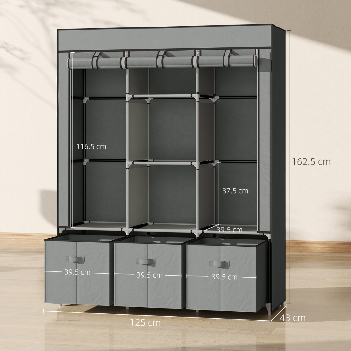 Fabric Wardrobe 125cm Wide With 3 Drawers - Velmora