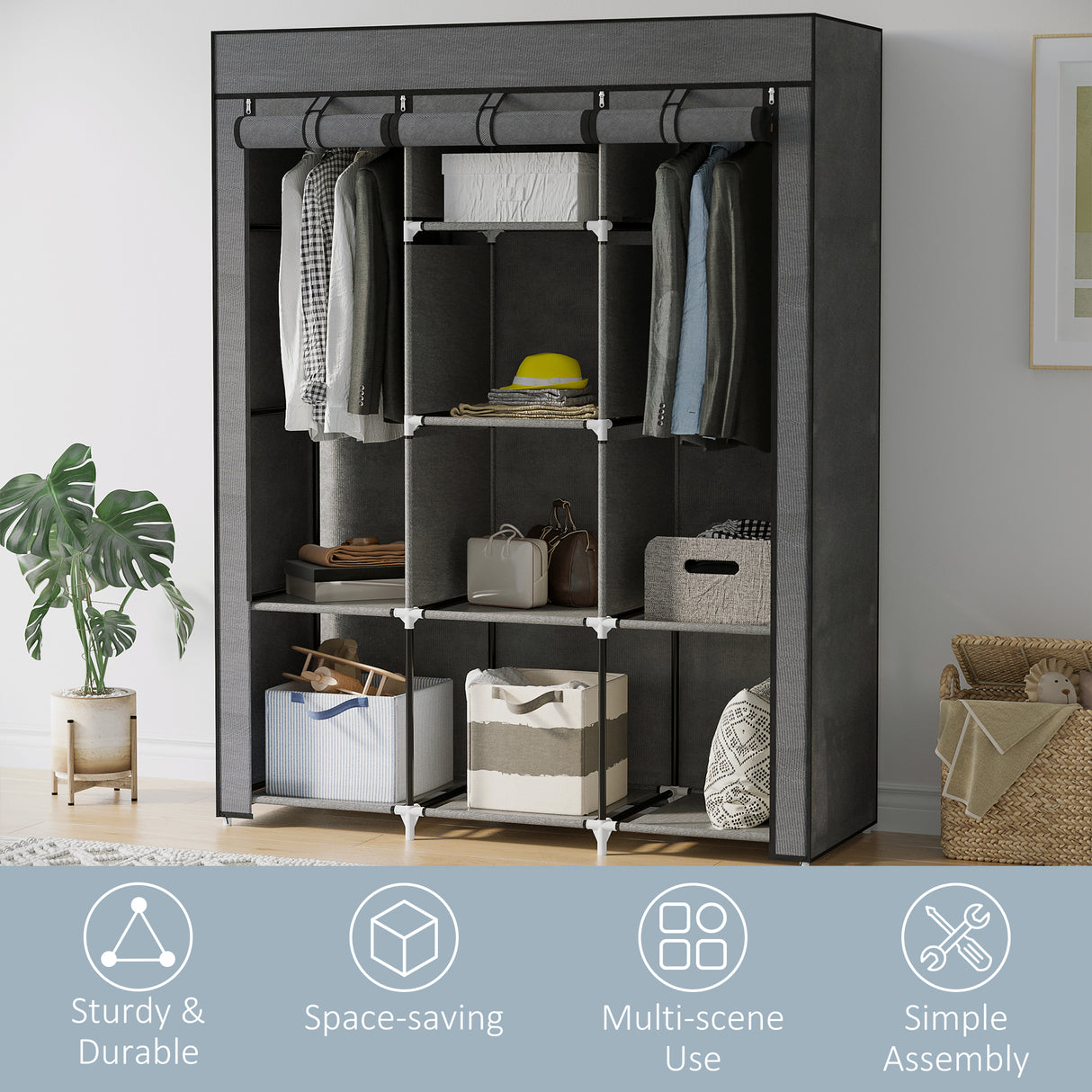 Fabric Wardrobe 125cm Wide With Hanging Rail And Shelves - Velmora