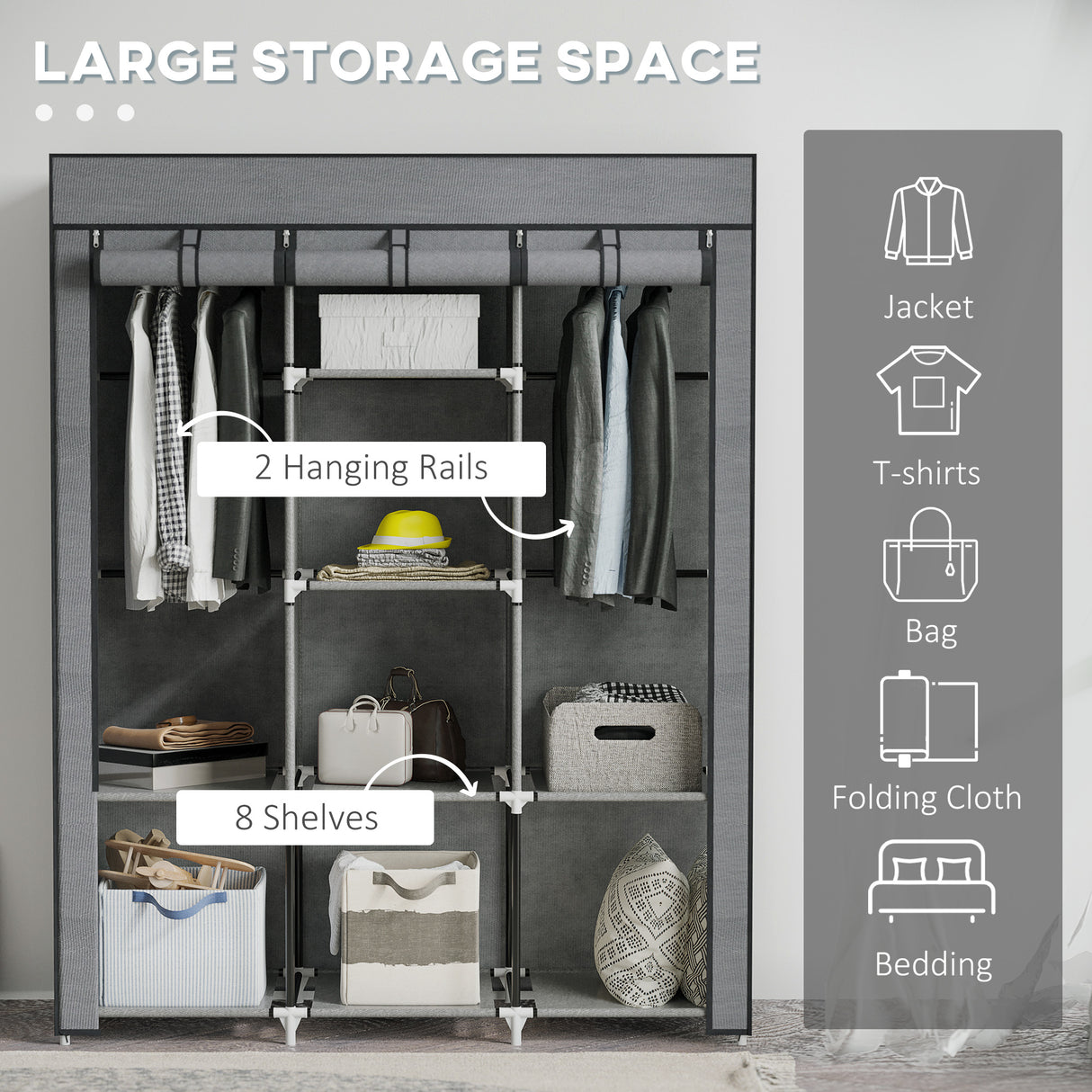Fabric Wardrobe 125cm Wide With Hanging Rail And Shelves - Velmora