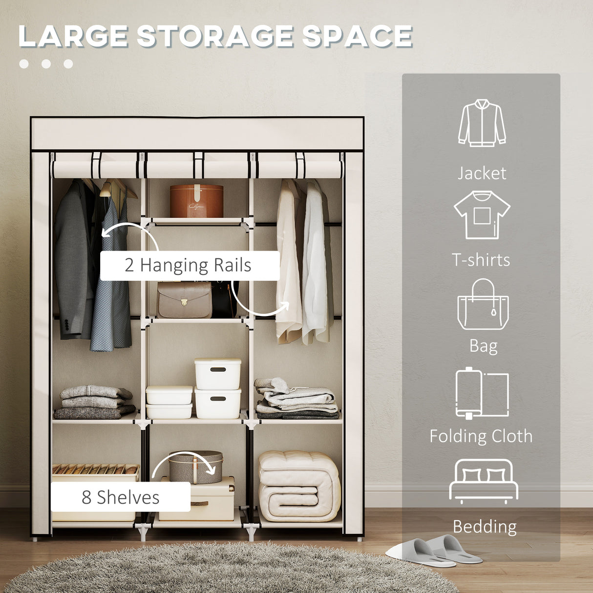 Fabric Wardrobe 125cm Wide With Hanging Rail And Shelves - Velmora
