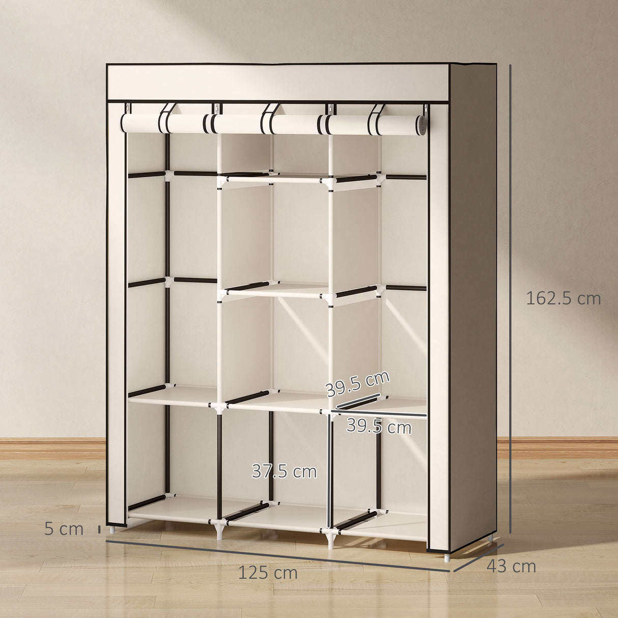 Fabric Wardrobe 125cm Wide With Hanging Rail And Shelves - Velmora