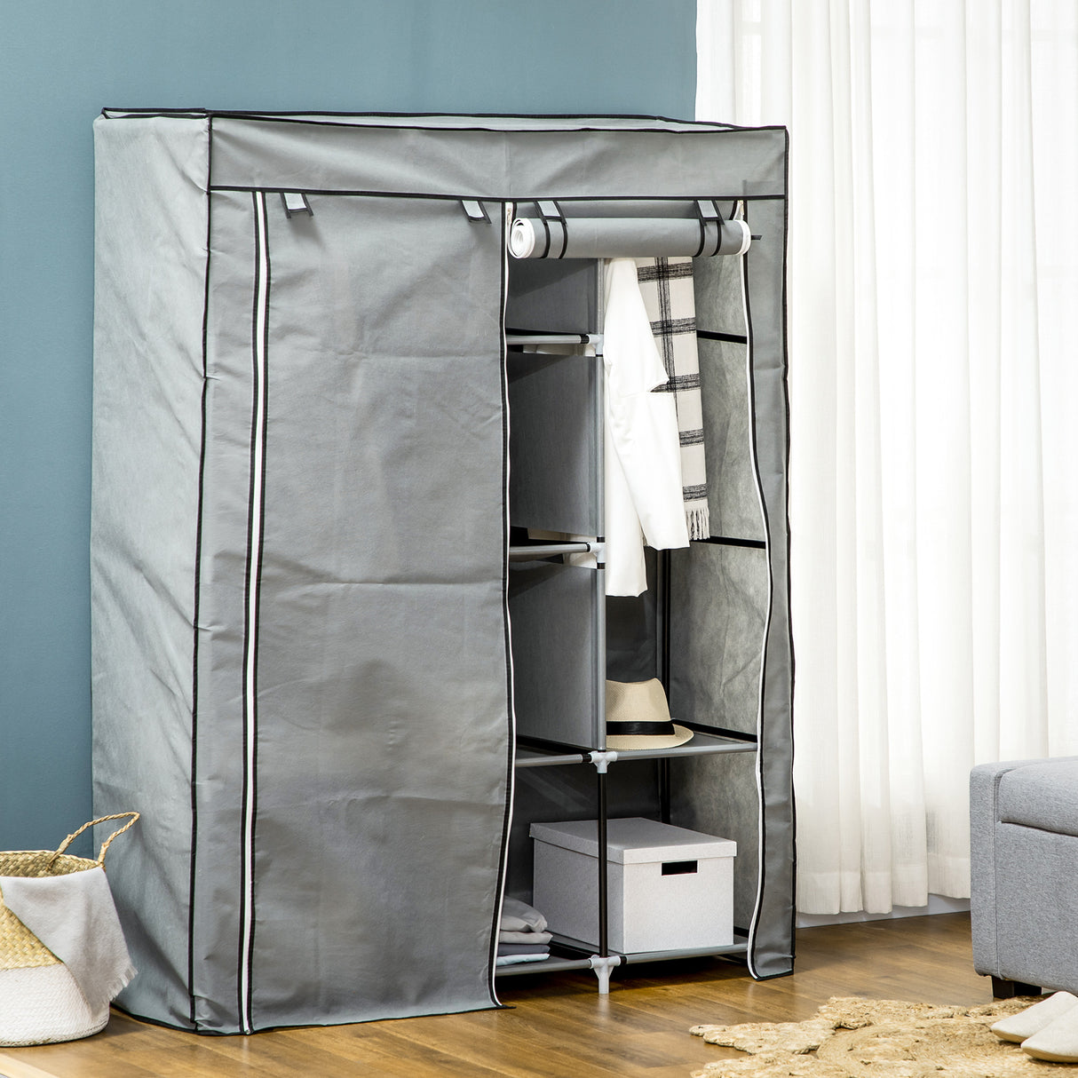 Fabric Wardrobe 125cm Wide With Hanging Rail And Shelves - Velmora