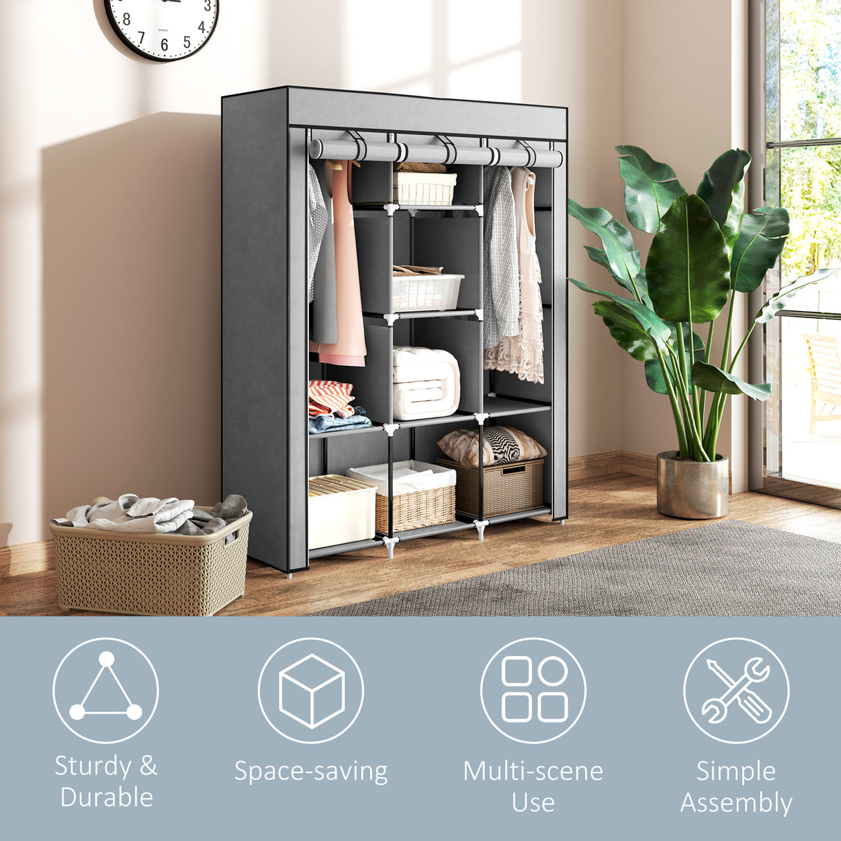 Fabric Wardrobe 125cm Wide With Hanging Rail And Shelves - Velmora