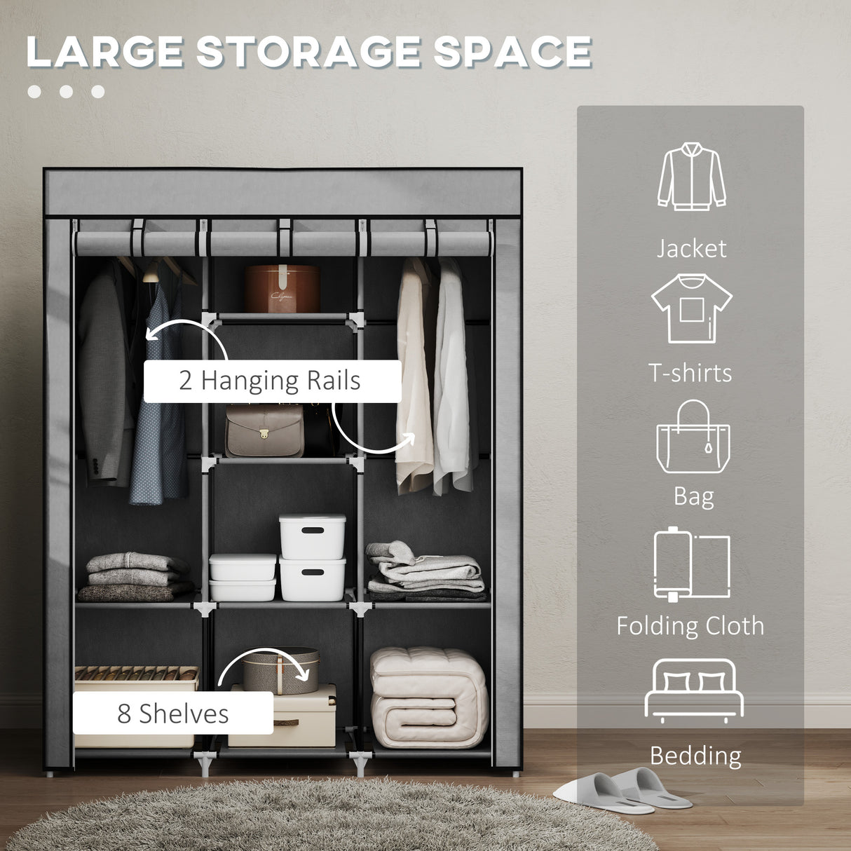 Fabric Wardrobe 125cm Wide With Hanging Rail And Shelves - Velmora