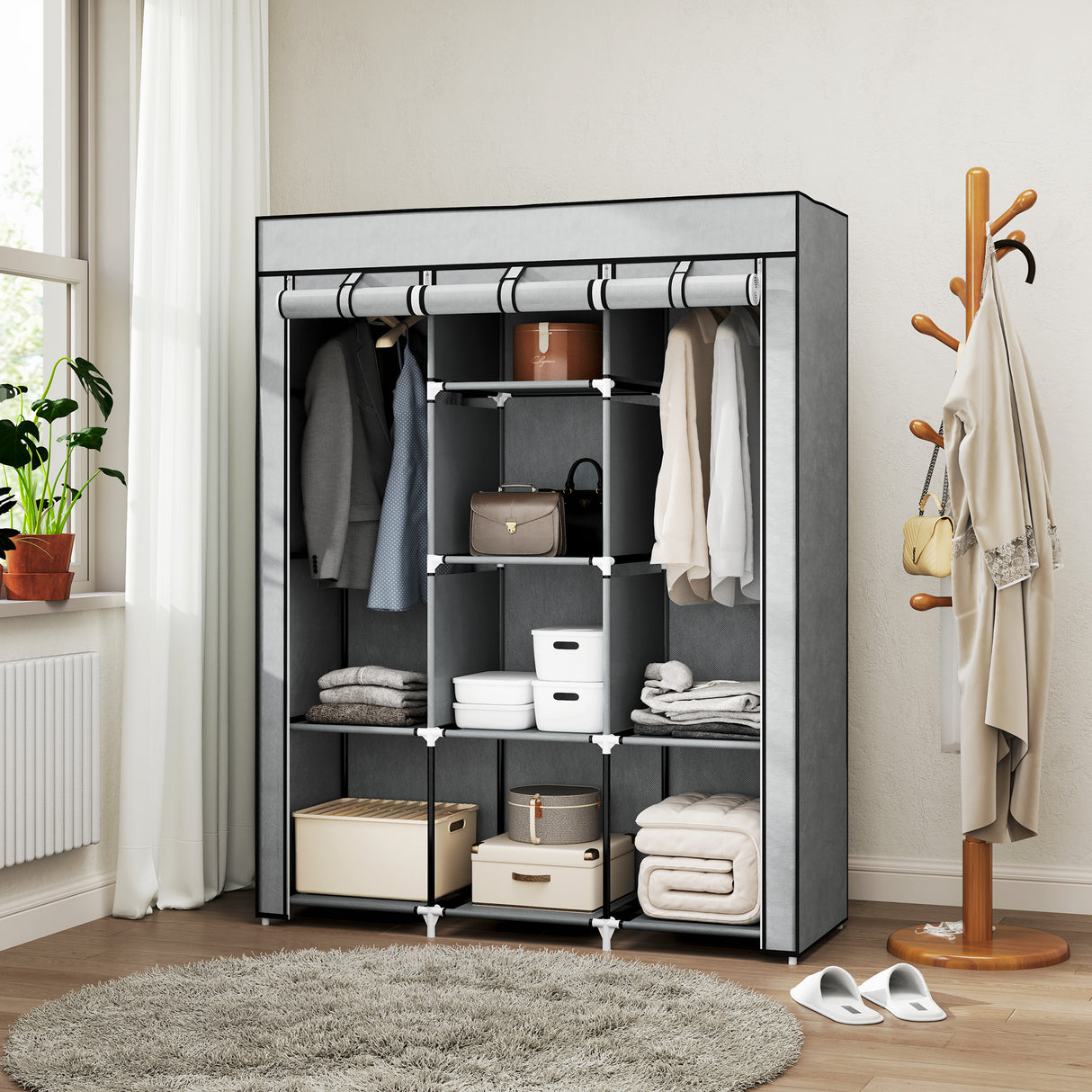 Fabric Wardrobe 125cm Wide With Hanging Rail And Shelves - Velmora
