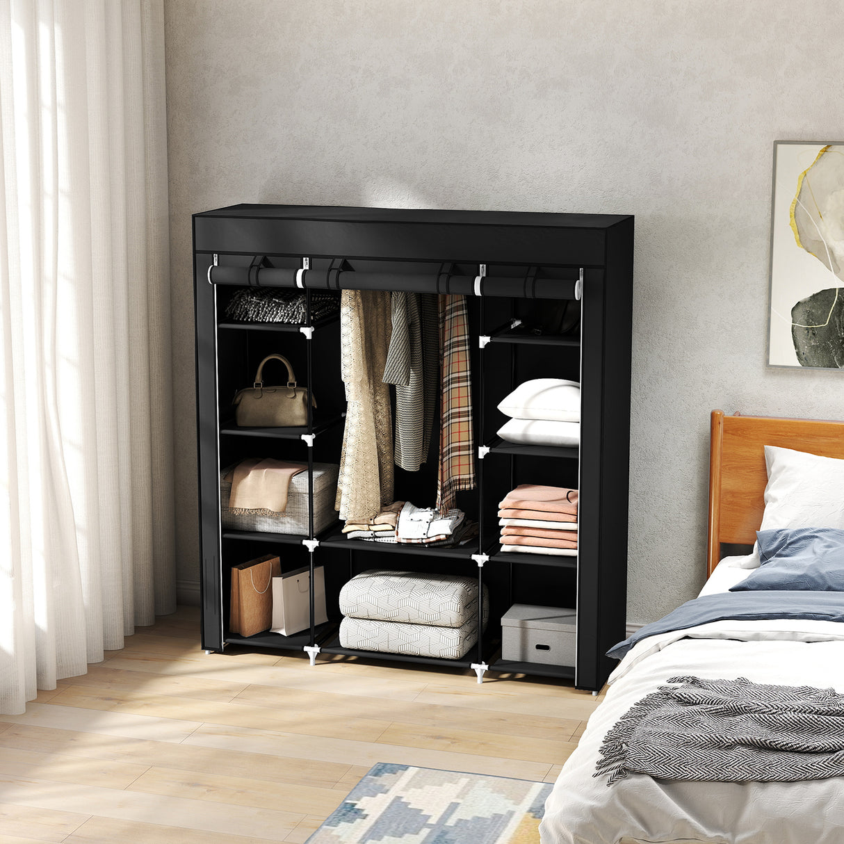 Fabric Wardrobe 150cm Wide With Hanging Rail And Shelves - Velmora