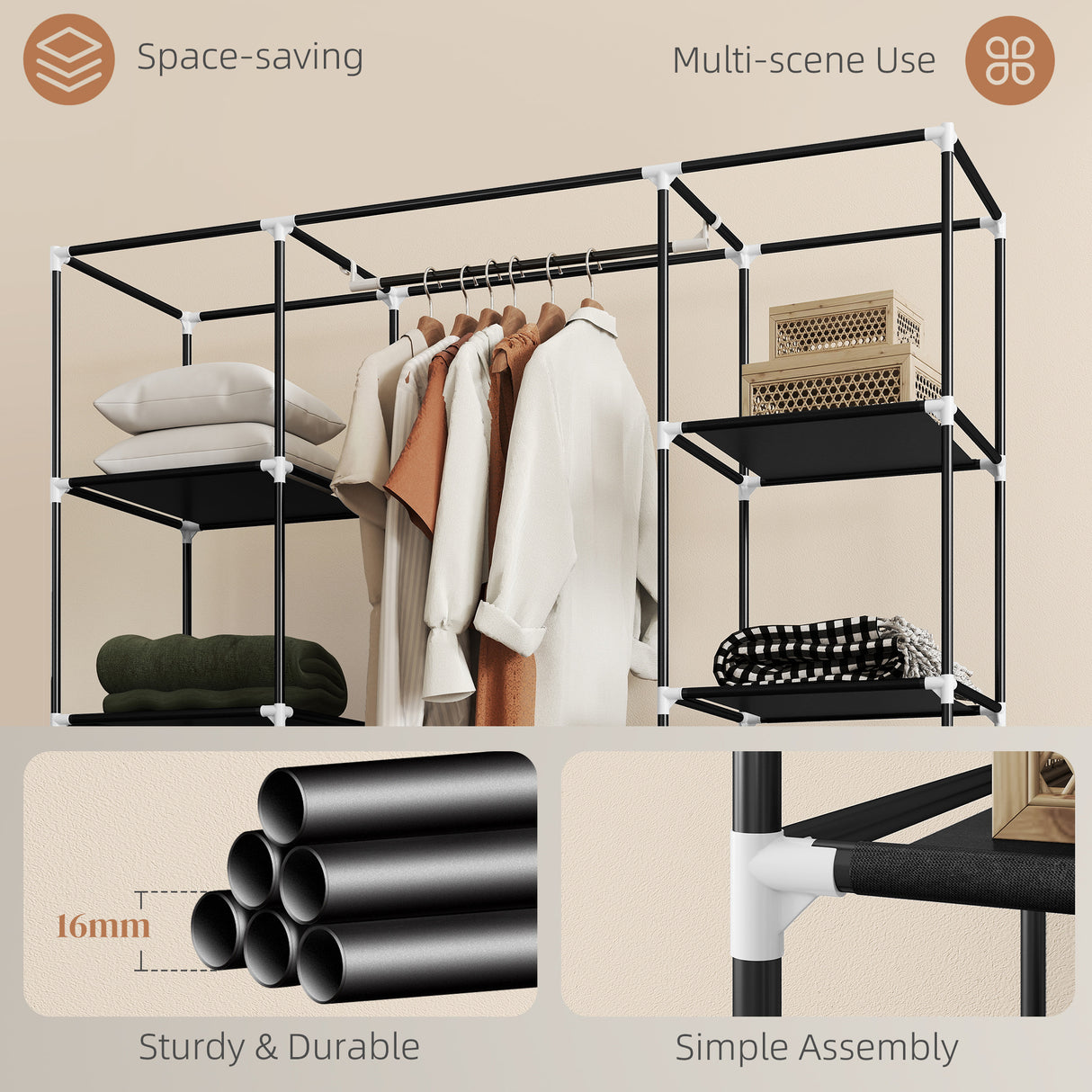 Fabric Wardrobe 150cm Wide With Hanging Rail And Shelves - Velmora