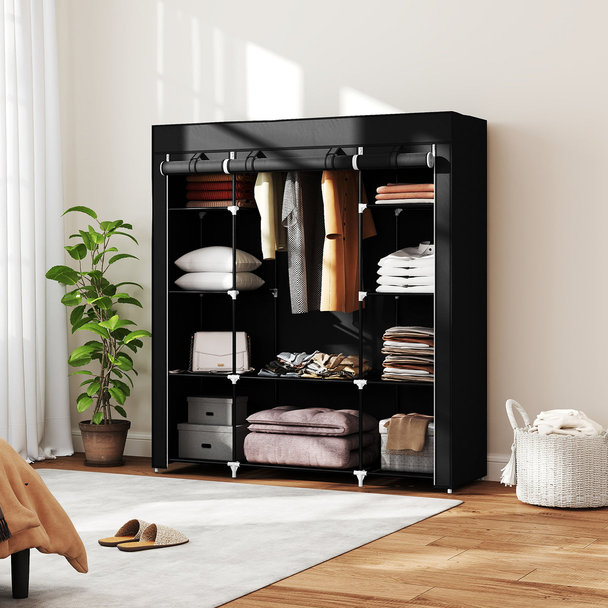 Fabric Wardrobe 150cm Wide With Hanging Rail And Shelves - Velmora