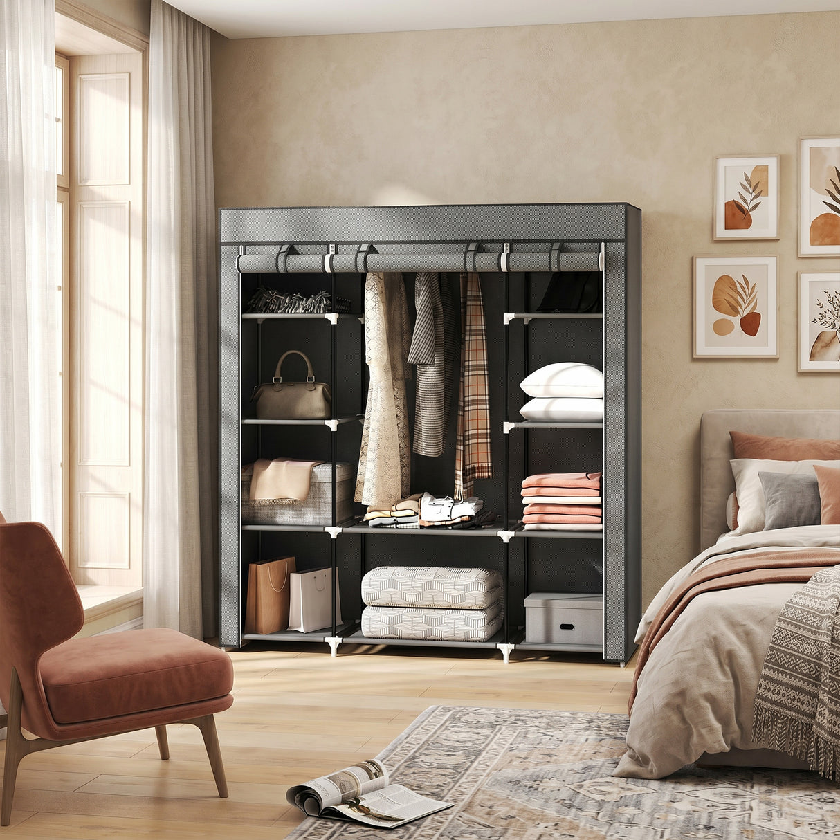 Fabric Wardrobe 150cm Wide With Hanging Rail And Shelves - Velmora