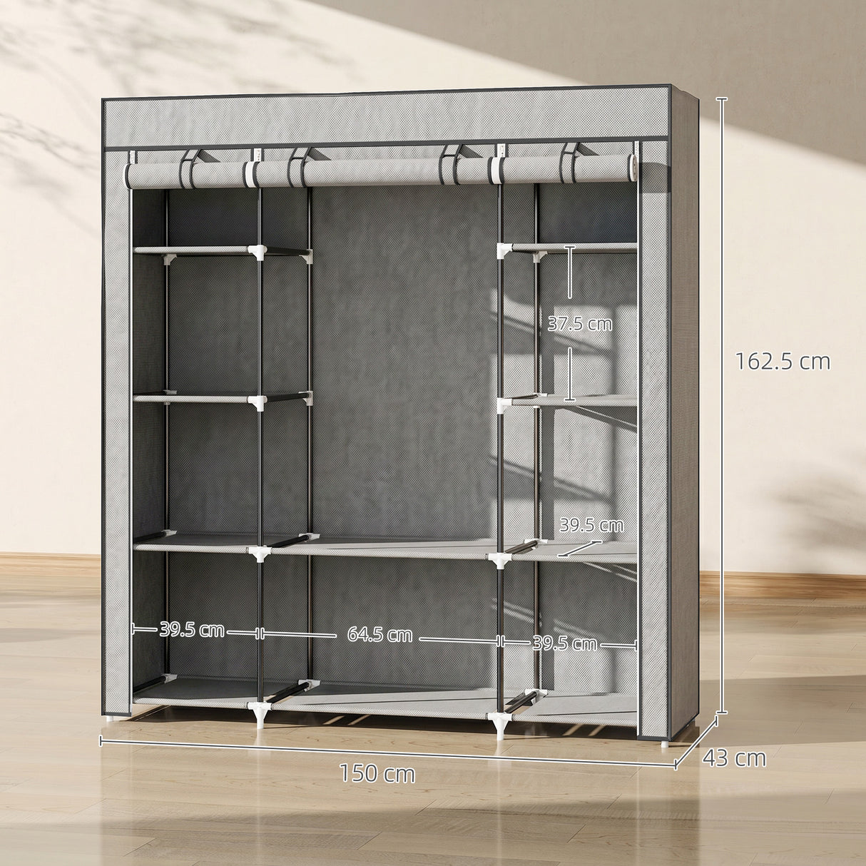 Fabric Wardrobe 150cm Wide With Hanging Rail And Shelves - Velmora