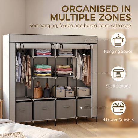Fabric Wardrobe 166cm Wide With 4 Drawers - Velmora
