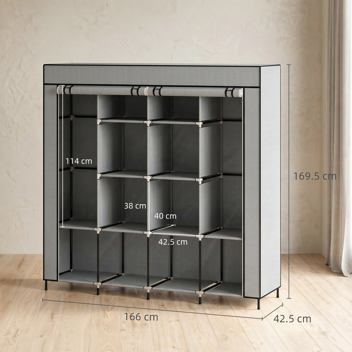 Fabric Wardrobe 166cm Wide With 4 Drawers - Velmora