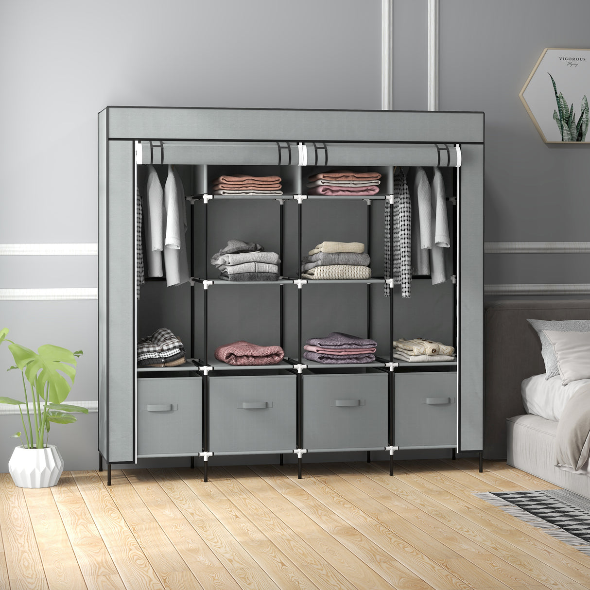 Fabric Wardrobe 166cm Wide With 4 Drawers - Velmora