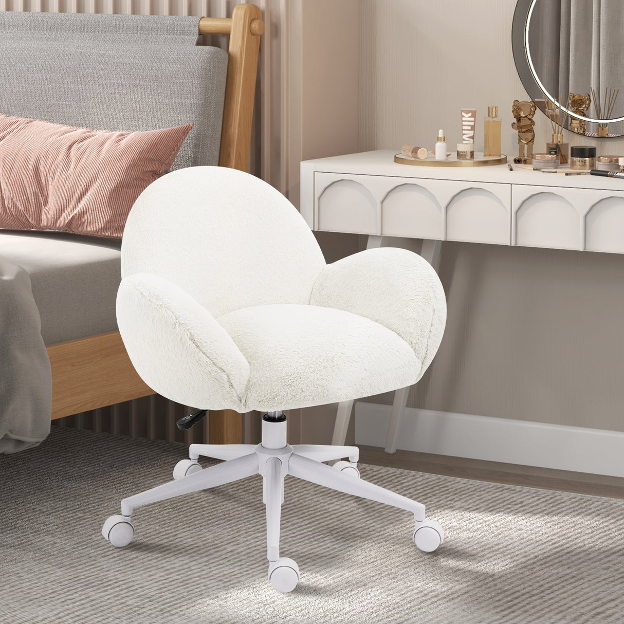 Faux Fur Fabric Home And Office Chair 67cm Wide With Rolling Wheels - Velmora