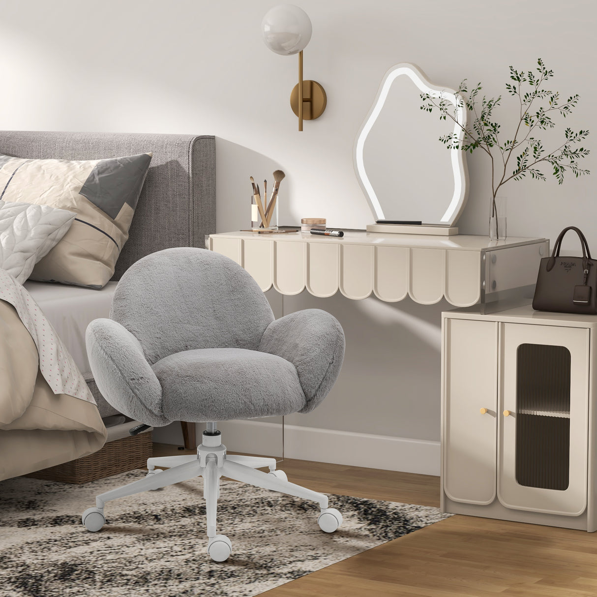 Faux Fur Fabric Home And Office Chair 67cm Wide With Rolling Wheels - Velmora