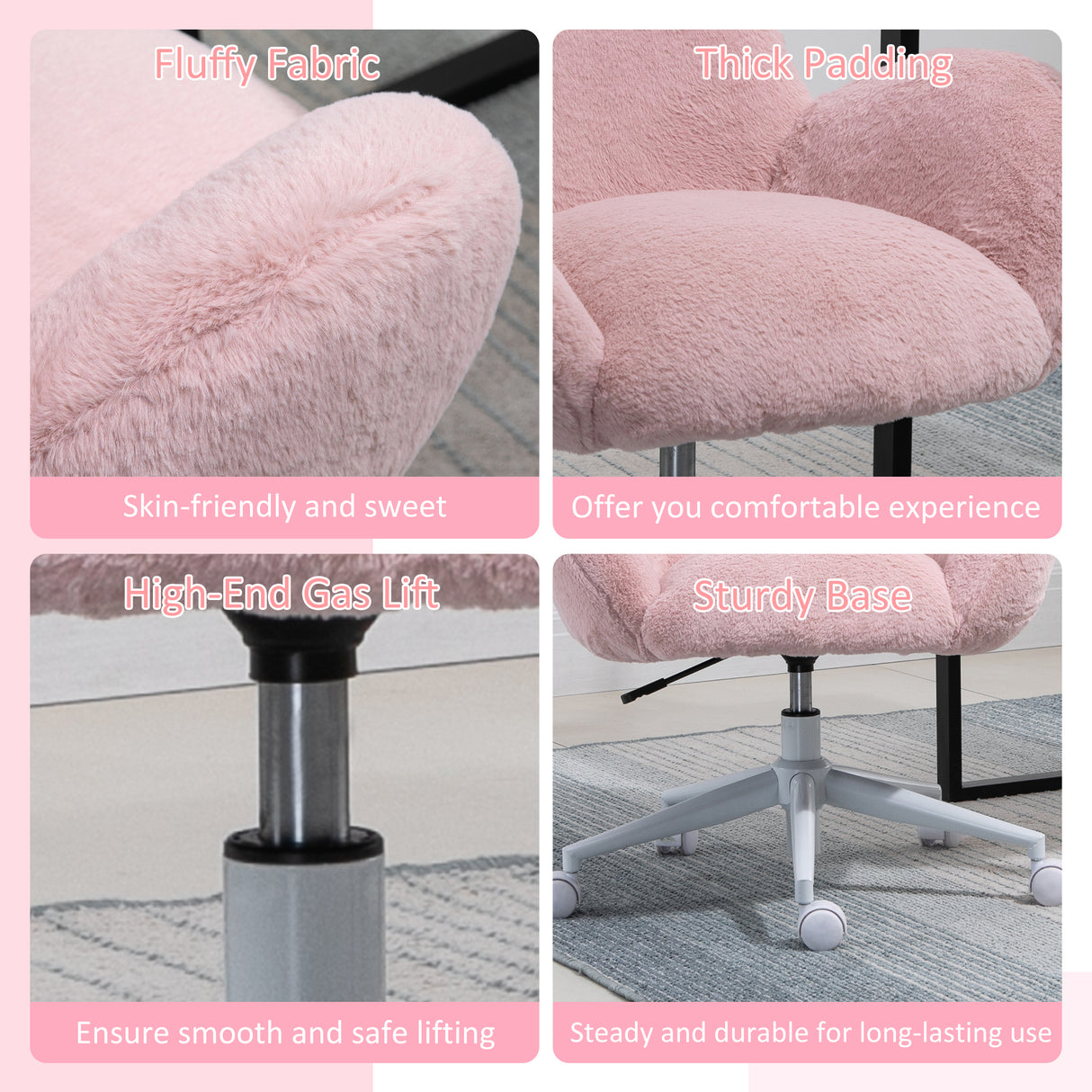 Faux Fur Fabric Home And Office Chair 67cm Wide With Rolling Wheels - Velmora