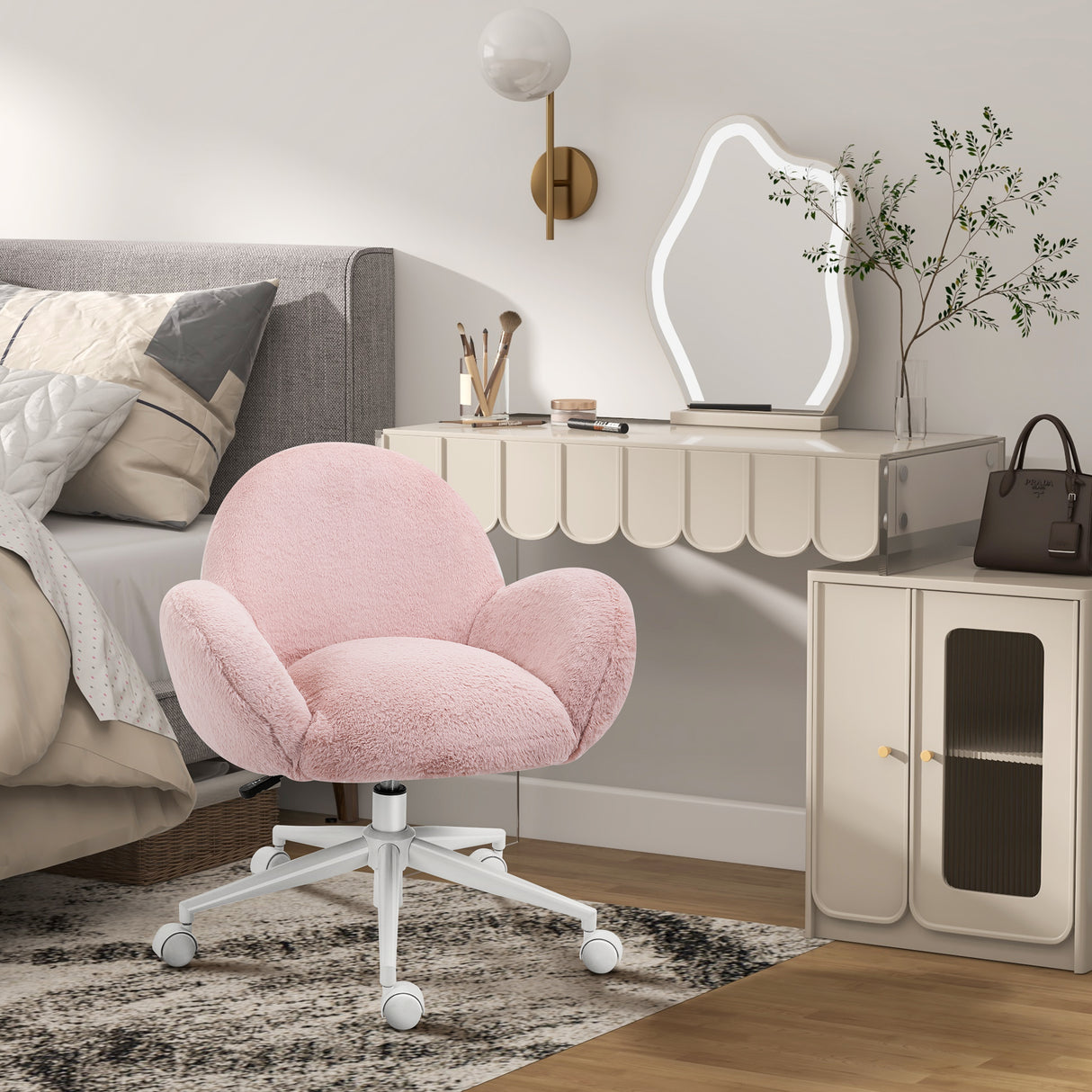 Faux Fur Fabric Home And Office Chair 67cm Wide With Rolling Wheels - Velmora