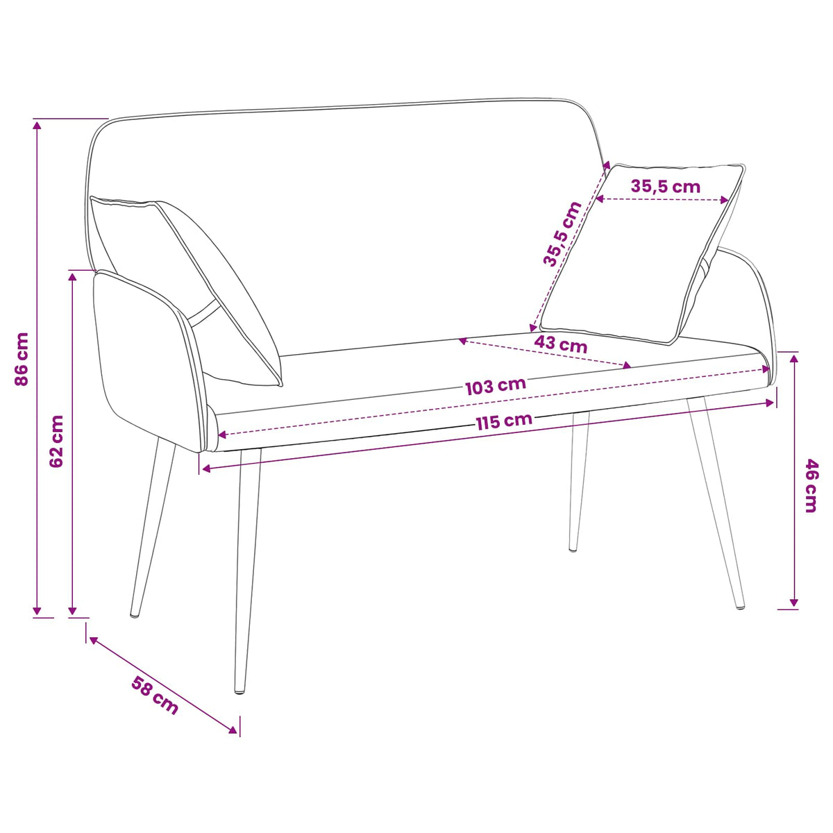 Faux Leather 2 Seater Sofa 115cm Wide With Metal Legs - Vantage Home