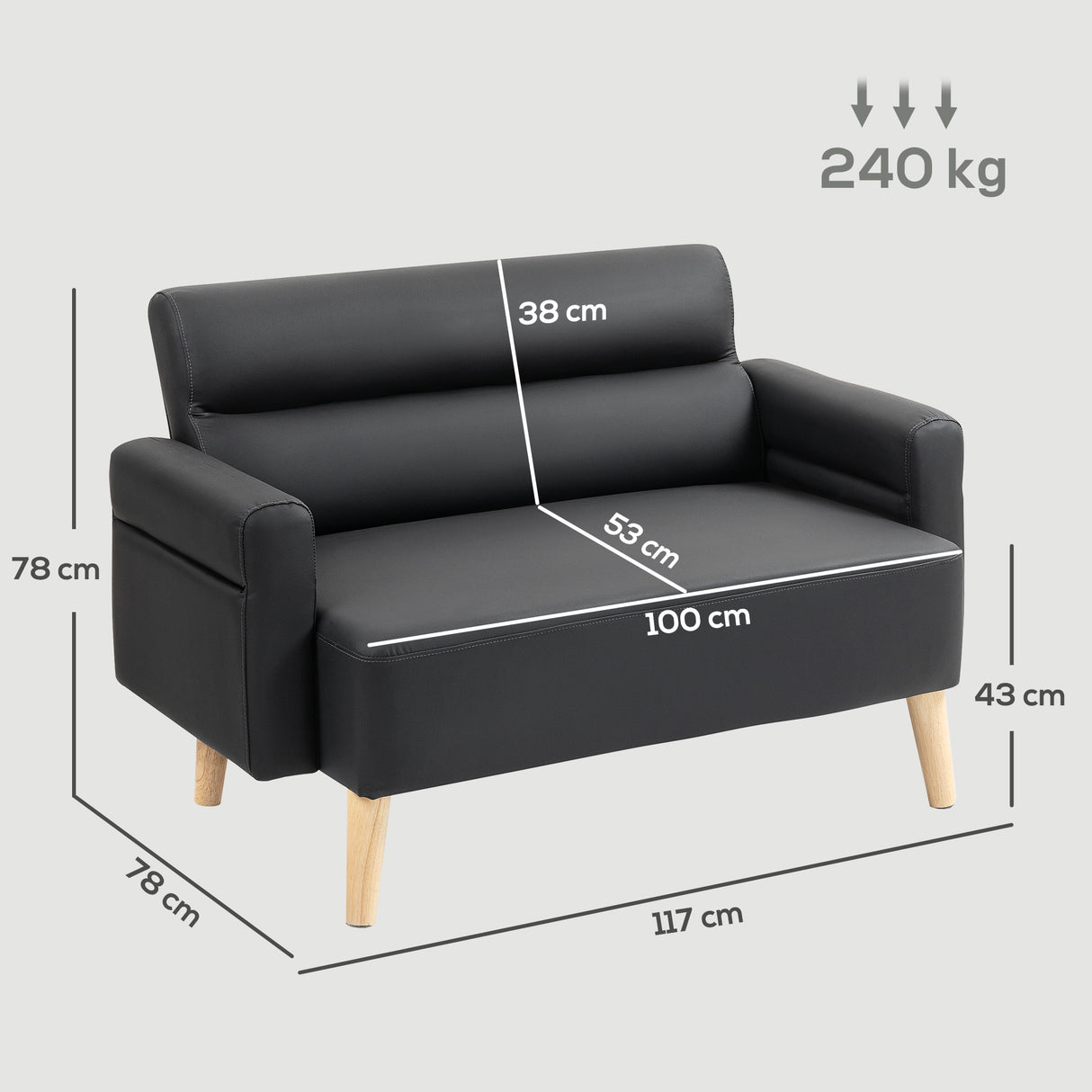 Faux Leather 2 Seater Sofa 117cm Wide With Rubberwood Legs - Velmora
