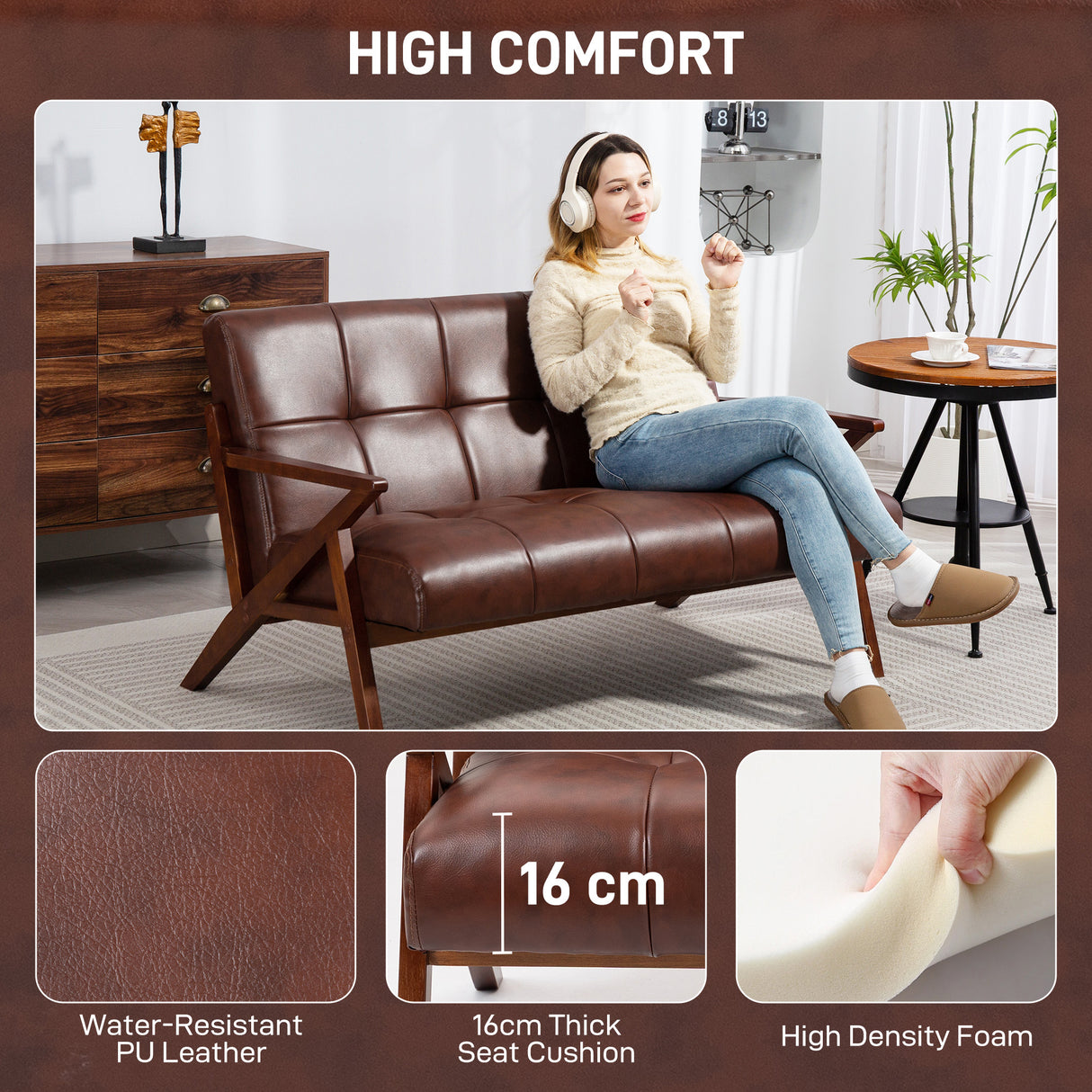 Faux Leather 2 Seater Sofa 133cm Wide With Wooden Legs - Velmora