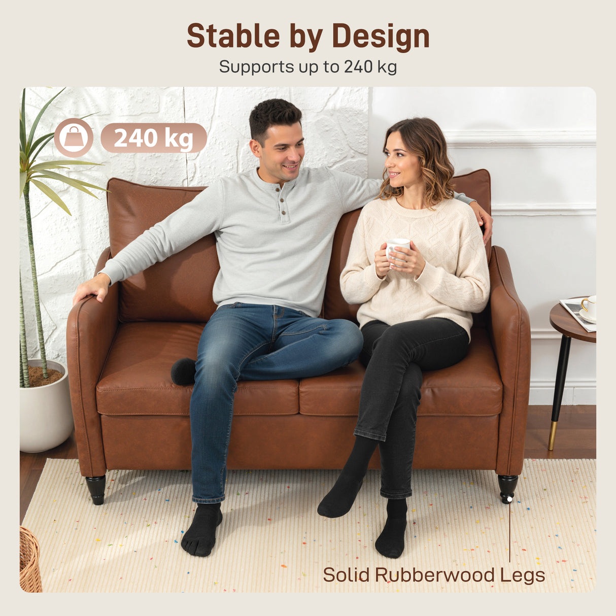 Faux Leather 2 Seater Sofa 135cm Wide With Rubberwood Legs - Velmora