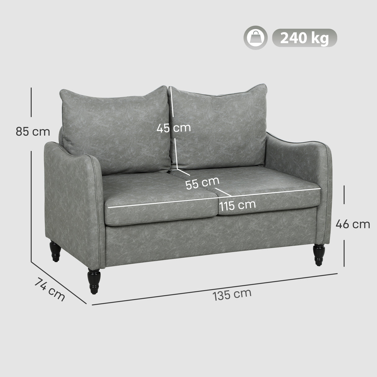Faux Leather 2 Seater Sofa 135cm Wide With Rubberwood Legs - Velmora