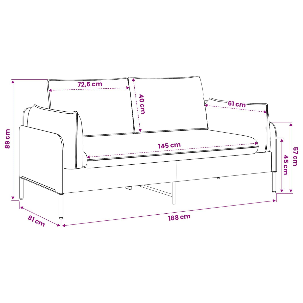 Faux Leather 2 Seater Sofa 188cm Wide With Metal Legs - Vantage Home