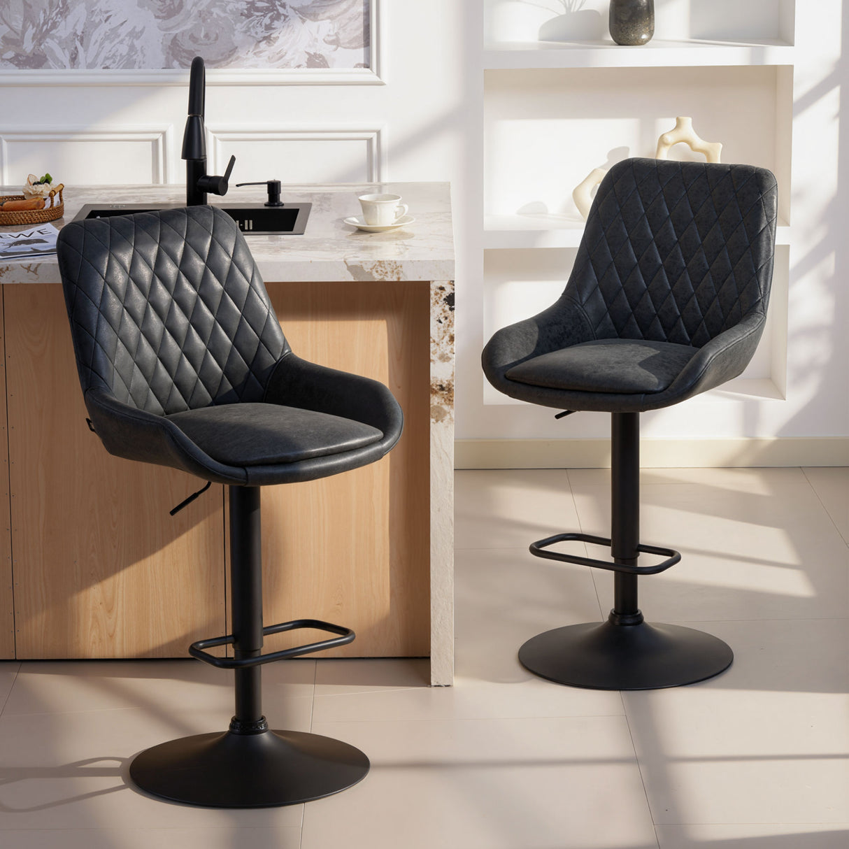 Faux Leather Adjustable Retro Bar Stools Swivel in Set Of 2 - Velmora