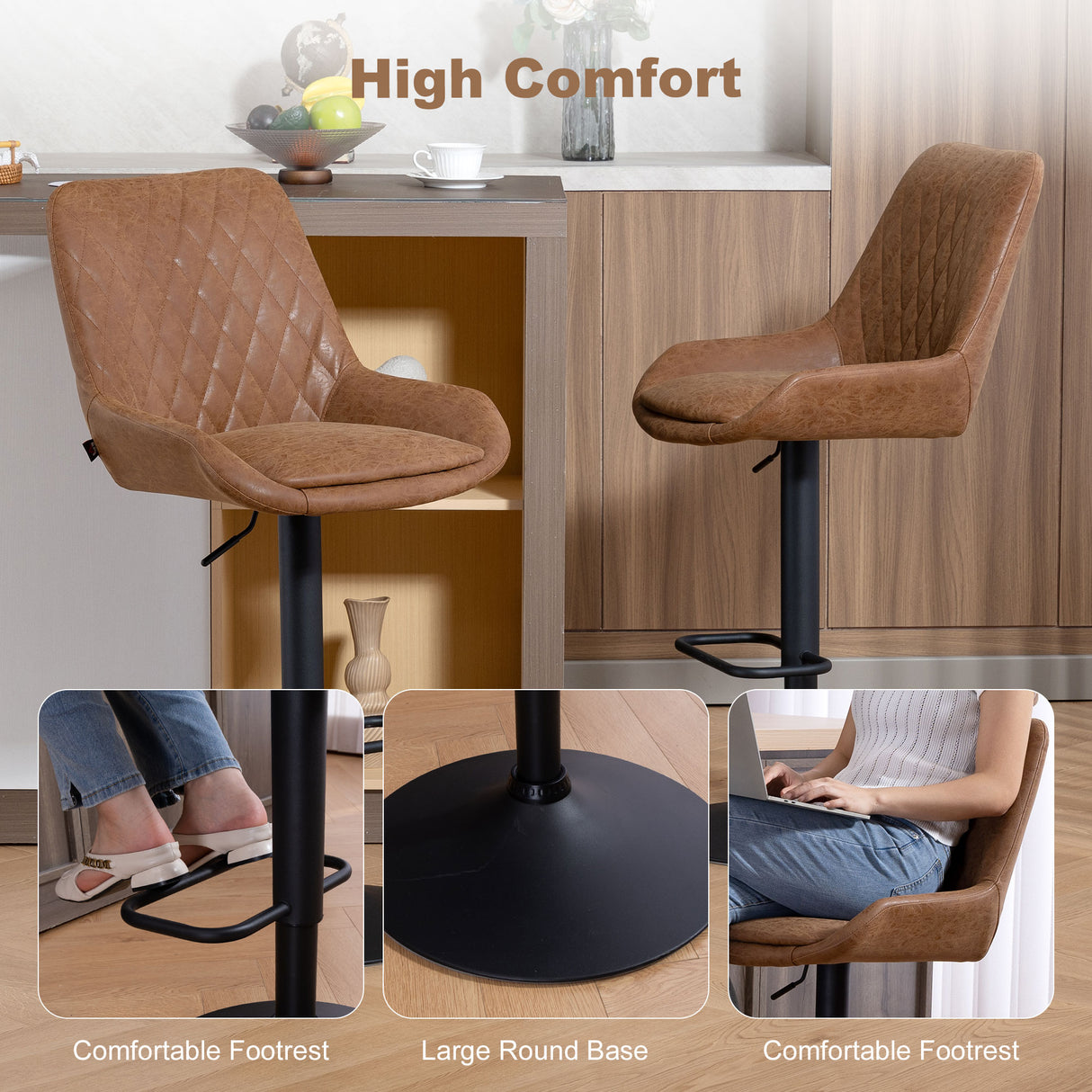 Faux Leather Adjustable Retro Bar Stools Swivel in Set Of 2 - Velmora