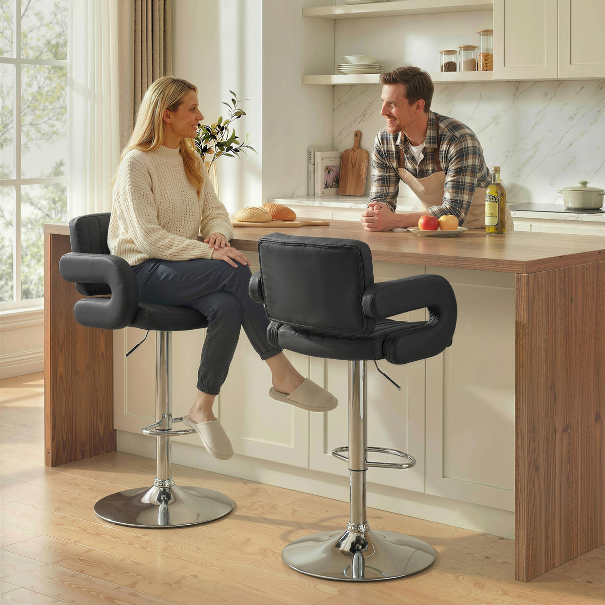 Faux Leather Adjustable Swivel Kitchen Bar Chairs in Set Of 2 - Velmora