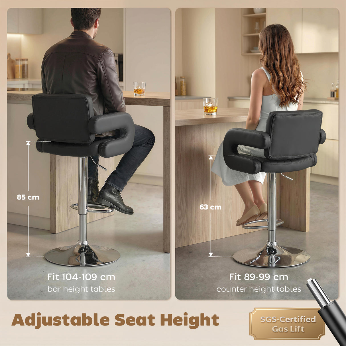 Faux Leather Adjustable Swivel Kitchen Bar Chairs in Set Of 2 - Velmora