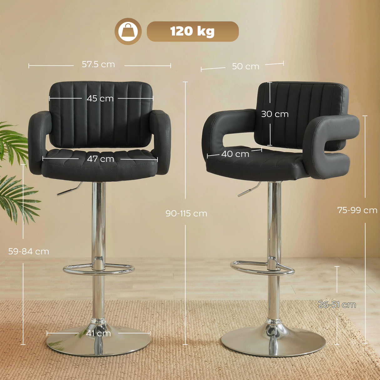 Faux Leather Adjustable Swivel Kitchen Bar Chairs in Set Of 2 - Velmora