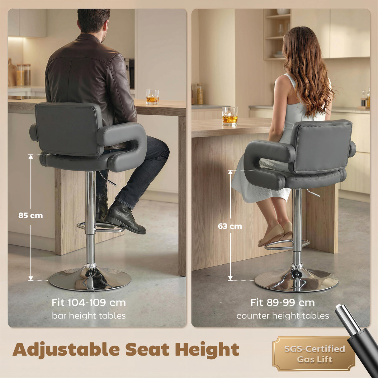 Faux Leather Adjustable Swivel Kitchen Bar Chairs in Set Of 2 - Velmora
