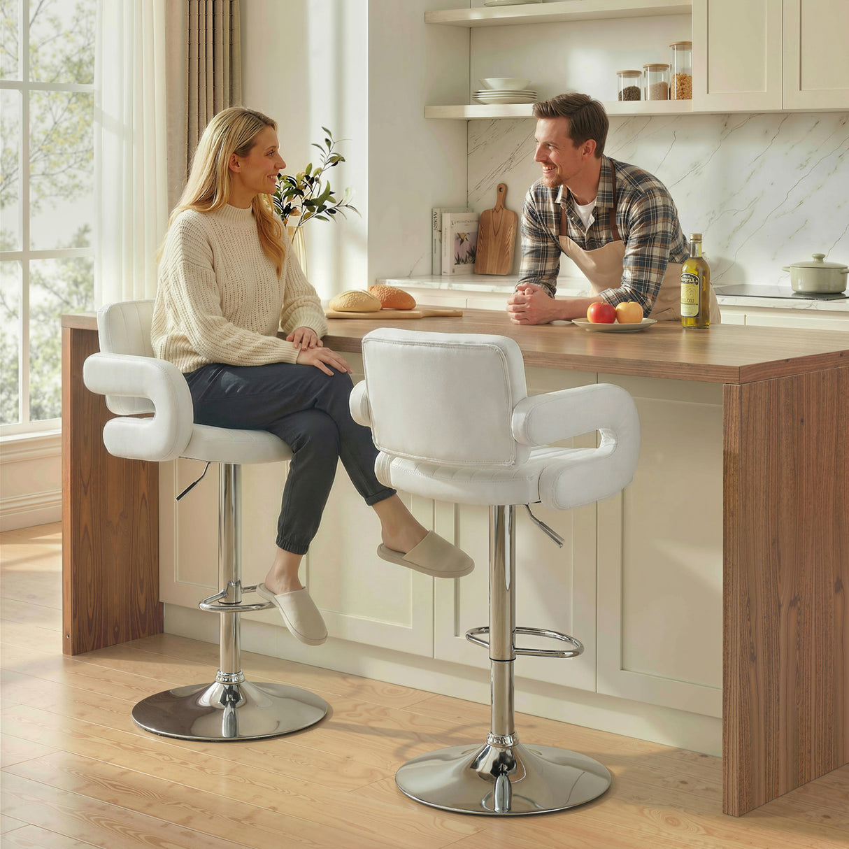 Faux Leather Adjustable Swivel Kitchen Bar Chairs in Set Of 2 - Velmora