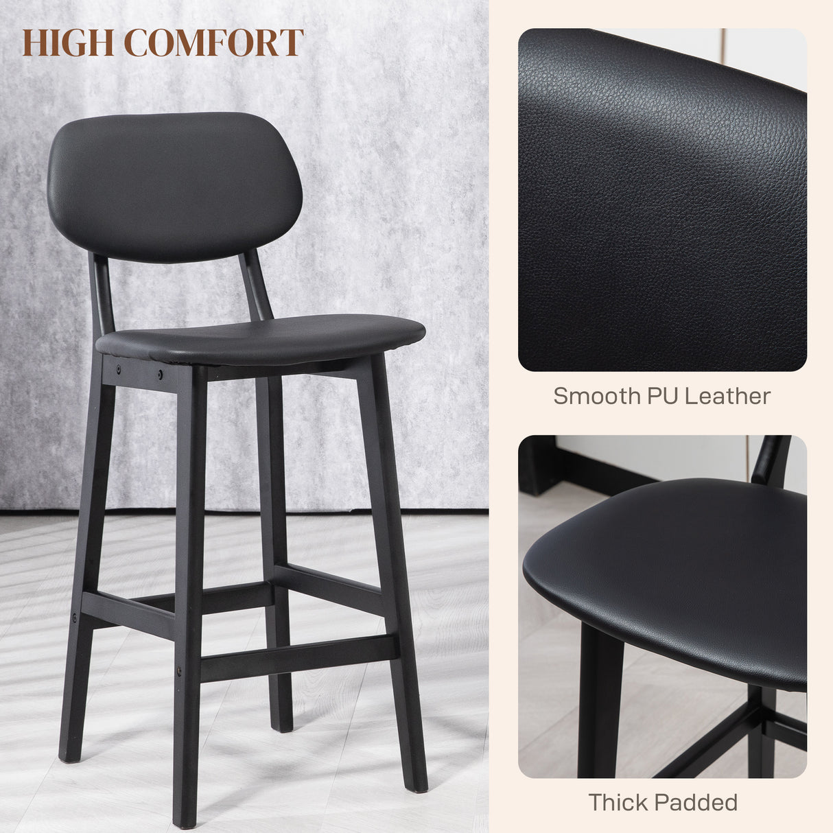 Faux Leather Bar Chairs in Set Of 2 With Wooden Frame - Velmora