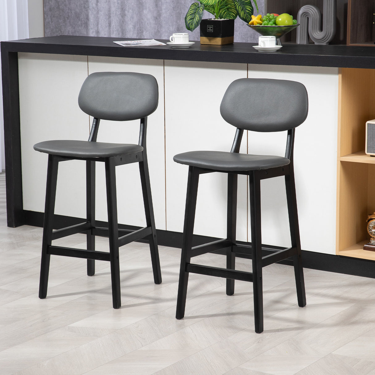 Faux Leather Bar Chairs in Set Of 2 With Wooden Frame - Velmora