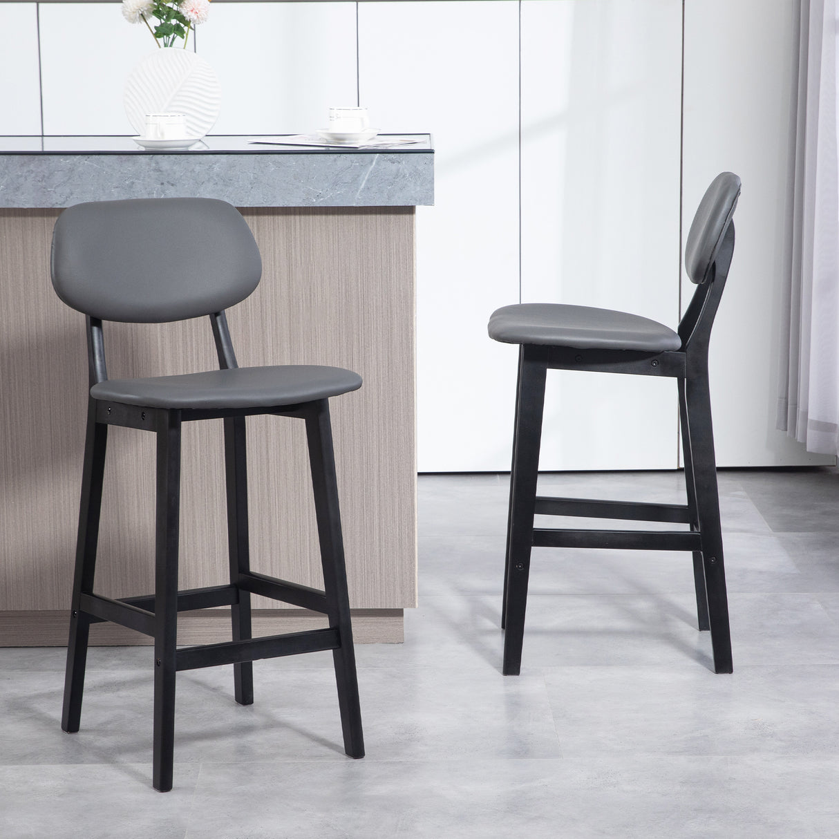 Faux Leather Bar Chairs in Set Of 2 With Wooden Frame - Velmora