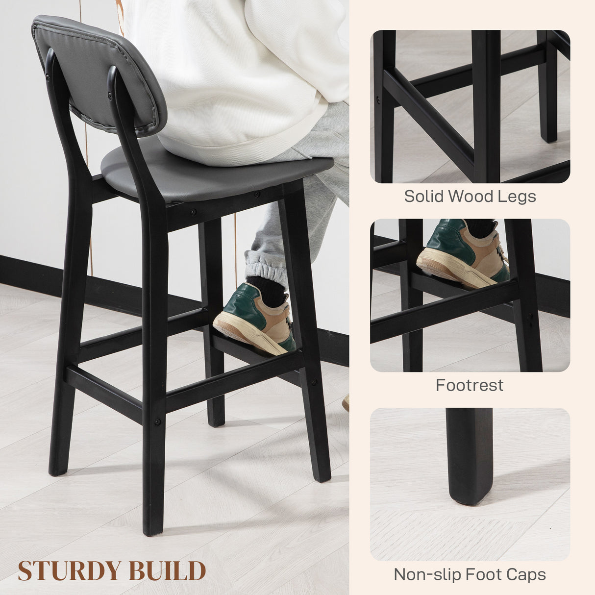 Faux Leather Bar Chairs in Set Of 2 With Wooden Frame - Velmora