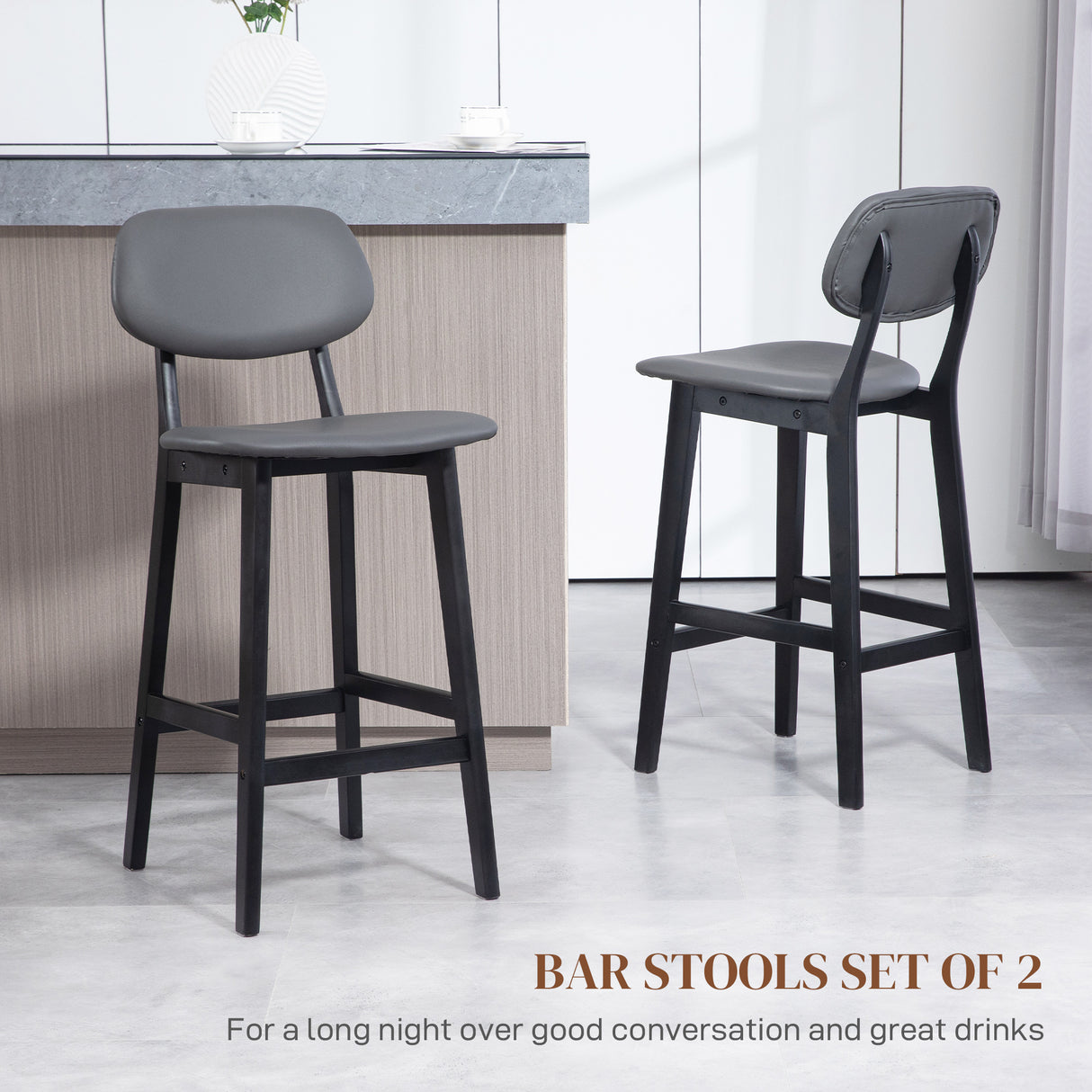 Faux Leather Bar Chairs in Set Of 2 With Wooden Frame - Velmora