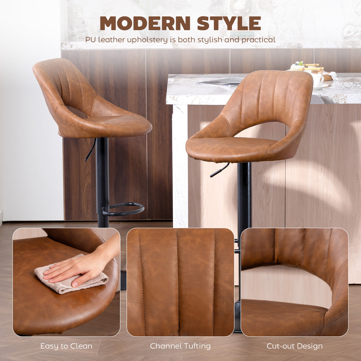 Faux Leather Barstools With Backrest And Footrest in Set Of 2 - Velmora