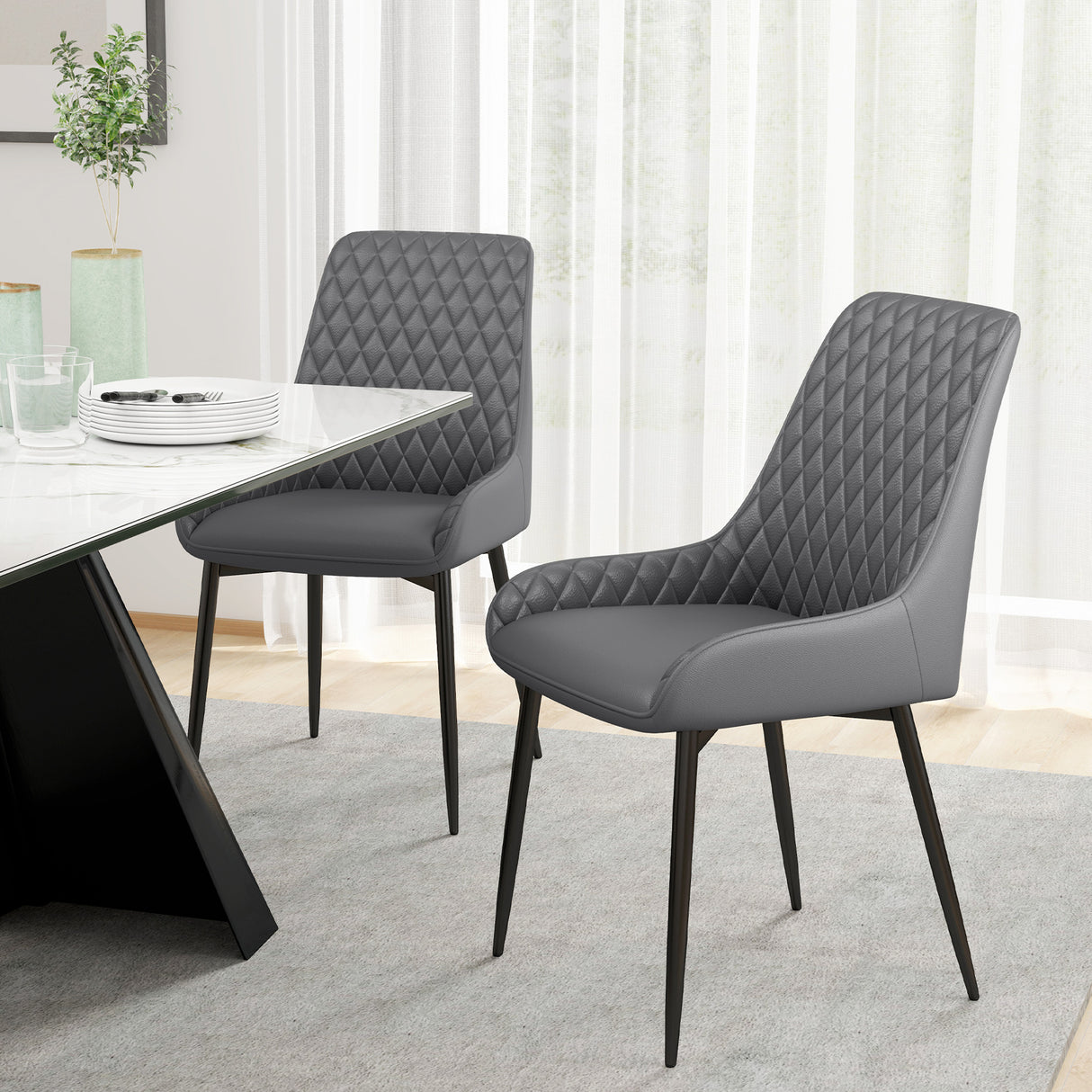 Faux Leather Dining Chairs 49cm Wide in Set Of 2 With Metal Legs - Velmora