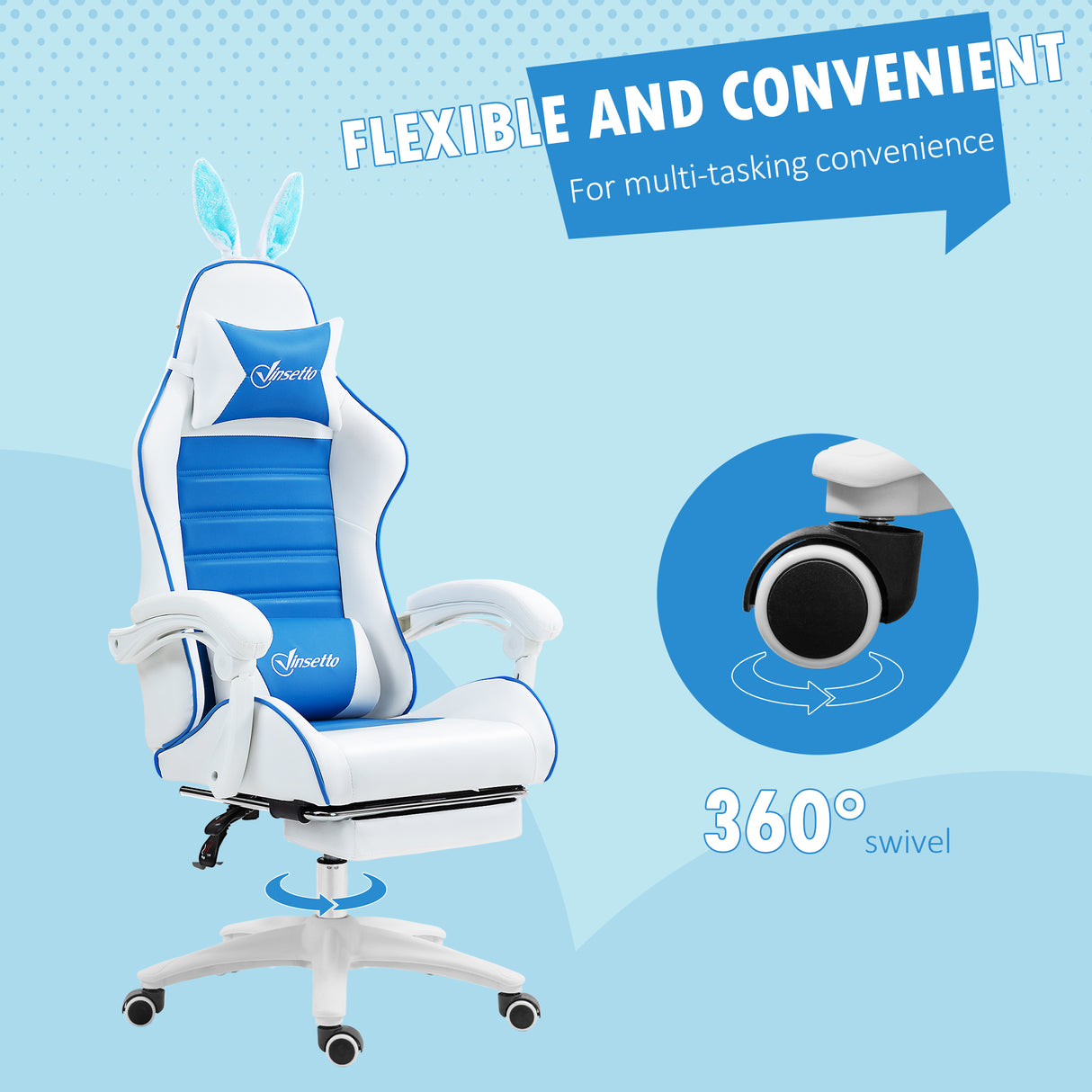 Faux Leather Gaming Chair 65cm Wide With Headrest And Removable Rabbit Ears - Velmora