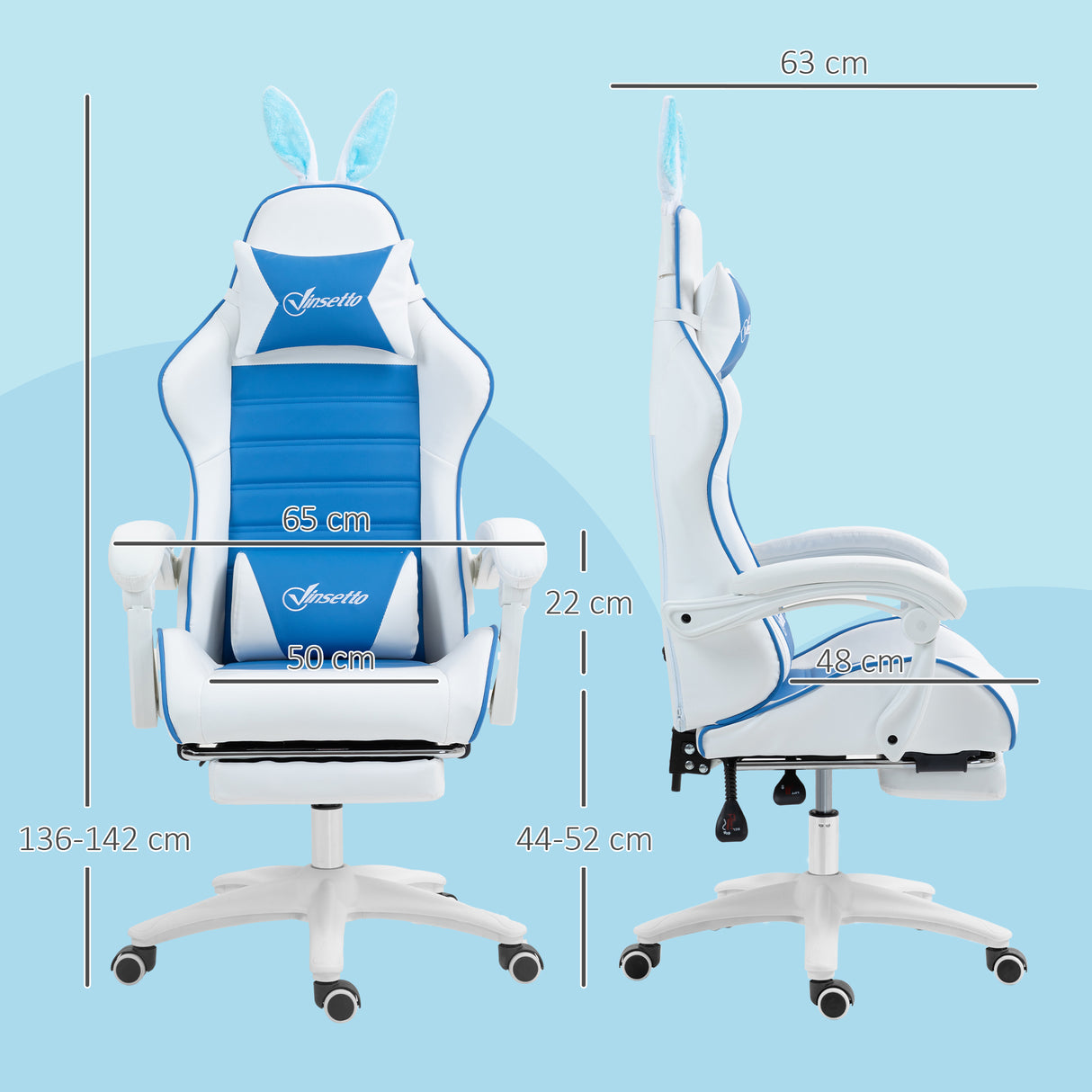 Faux Leather Gaming Chair 65cm Wide With Headrest And Removable Rabbit Ears - Velmora