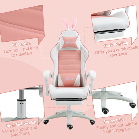 Faux Leather Gaming Chair 65cm Wide With Headrest And Removable Rabbit Ears - Velmora