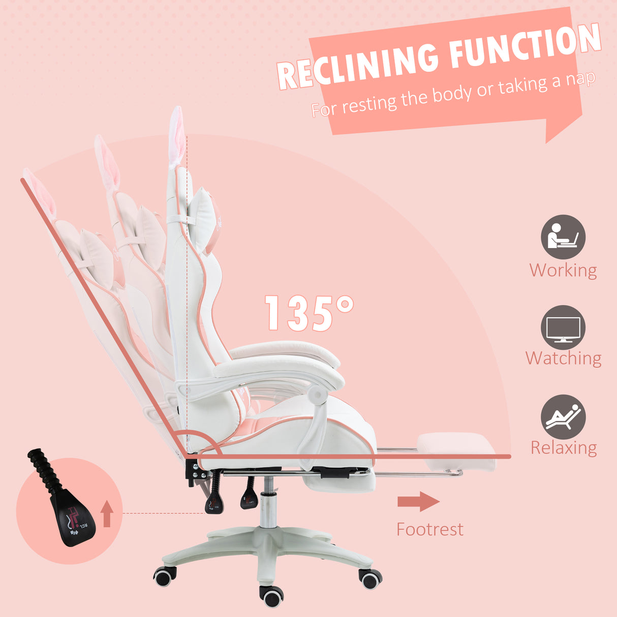 Faux Leather Gaming Chair 65cm Wide With Headrest And Removable Rabbit Ears - Velmora
