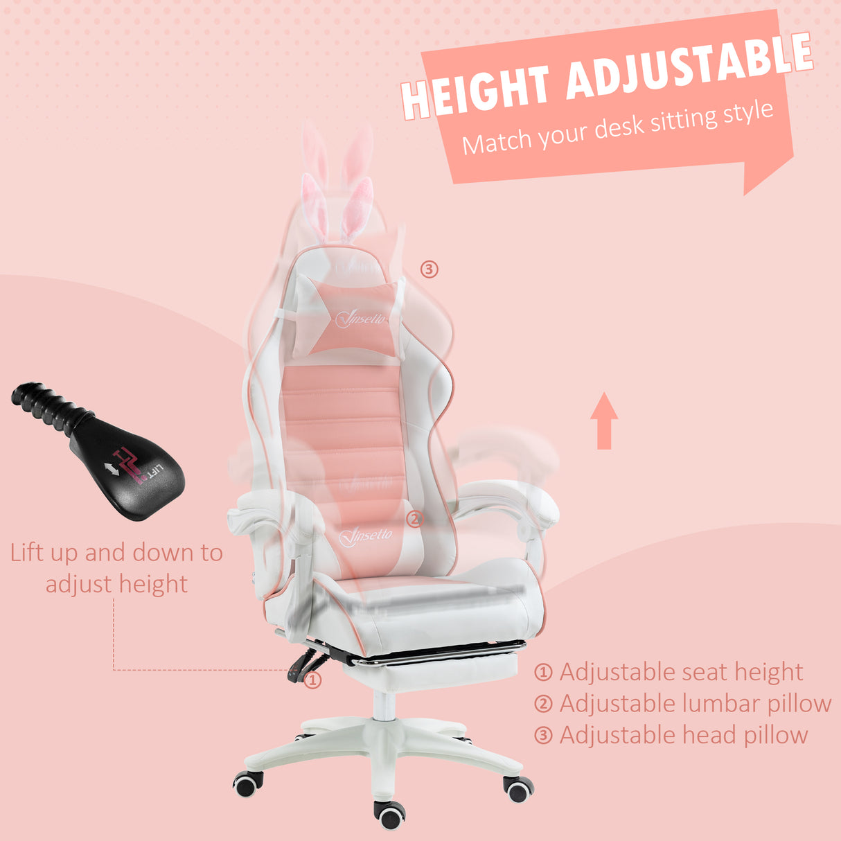 Faux Leather Gaming Chair 65cm Wide With Headrest And Removable Rabbit Ears - Velmora
